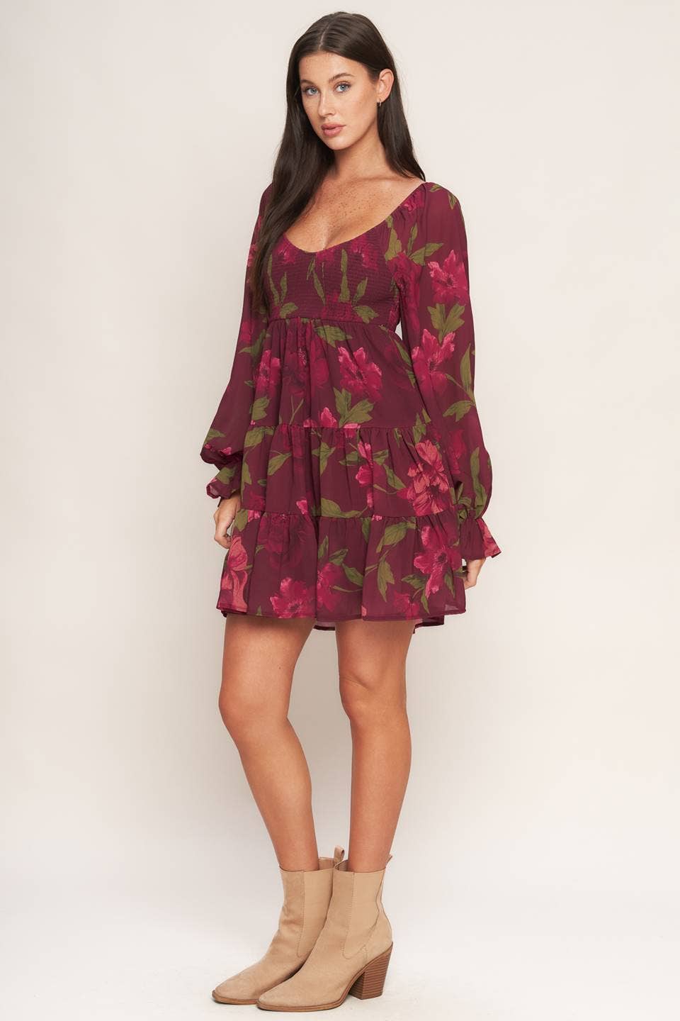A printed woven mini dress - ID23196: Burgundy / Contemporary / M