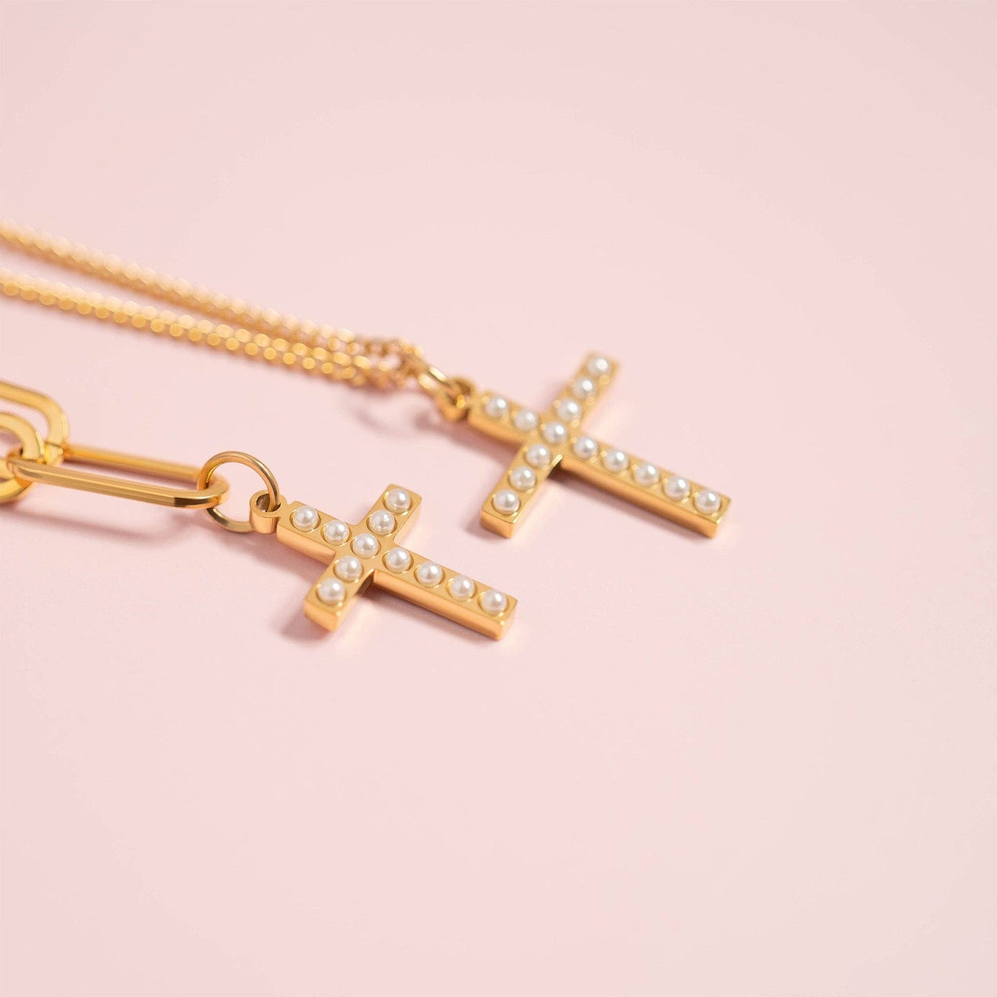 18K Gold PVD Stainless Steel Pearl Beaded Cross Charm: Stainless / 15mm