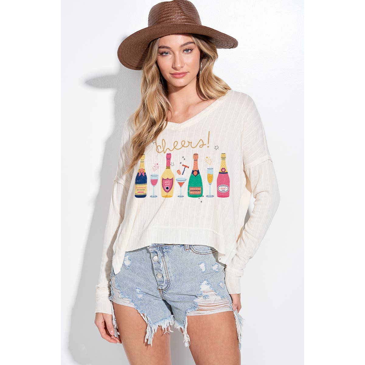 Holiday champagne bottle v neck long sleeve top: Butter / L