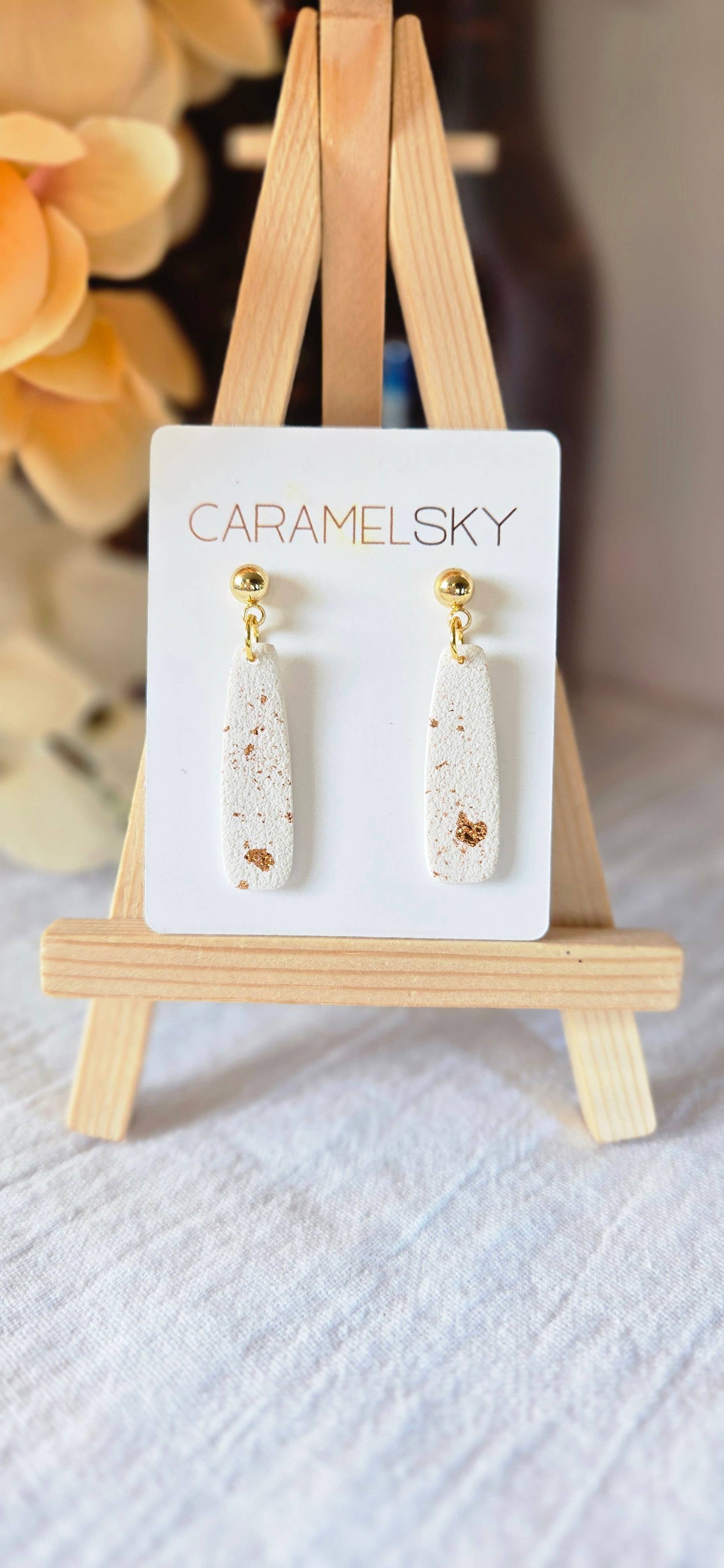 White Clay Dangle Earrings with Gold Leaf