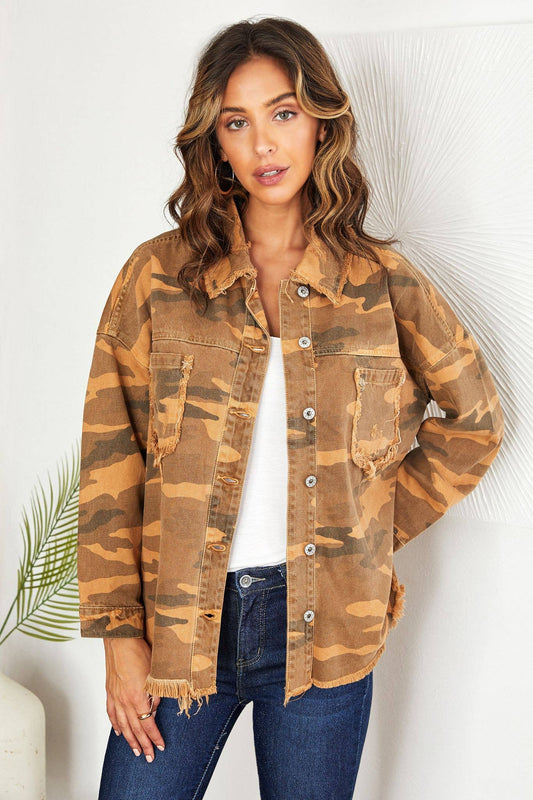 CAMOUFLAGE PRINT RAW EDGE DENIM SHIRT JACKET(9598-CAMO-TOB): SMALL/MEDIUM