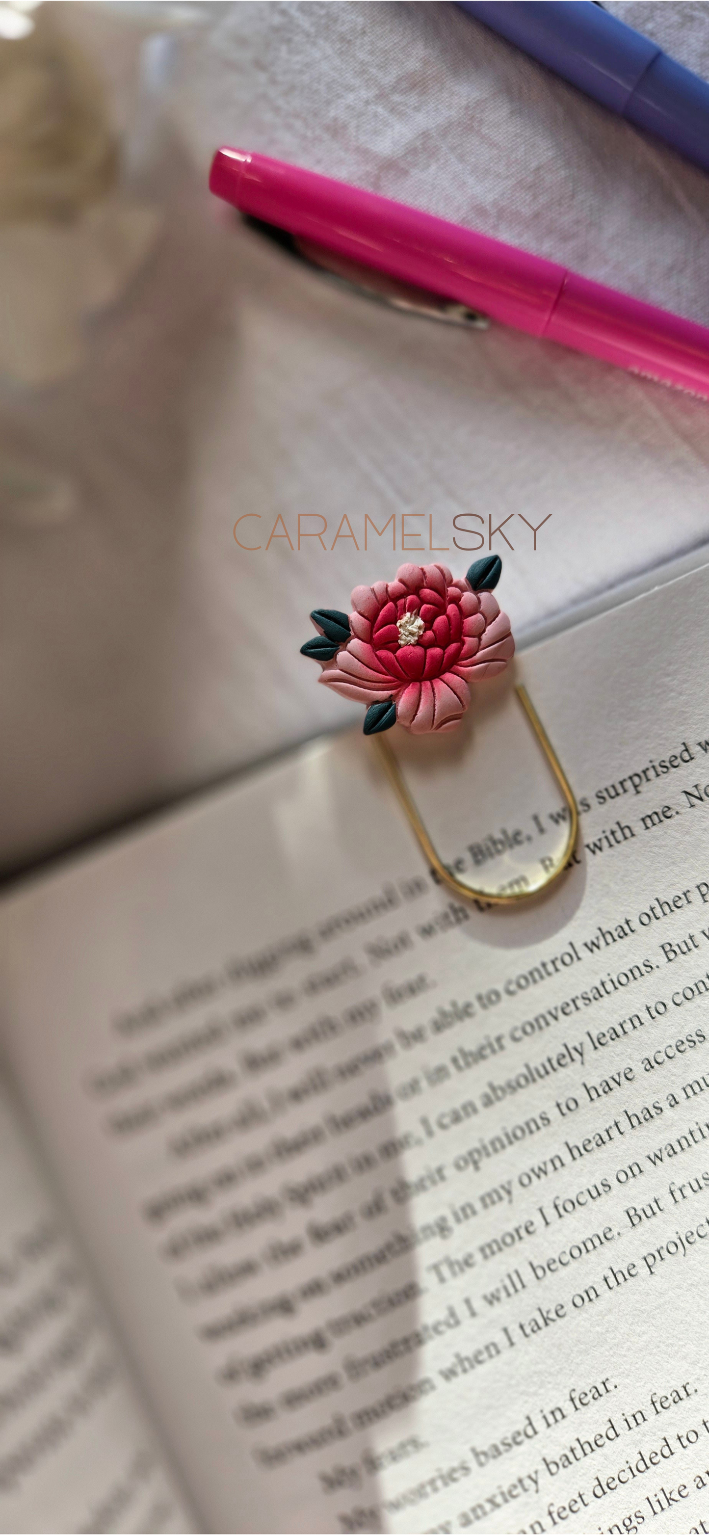 Handmade Peony Flower Paperclip Bookmark, Clay Bookmark: Yellow