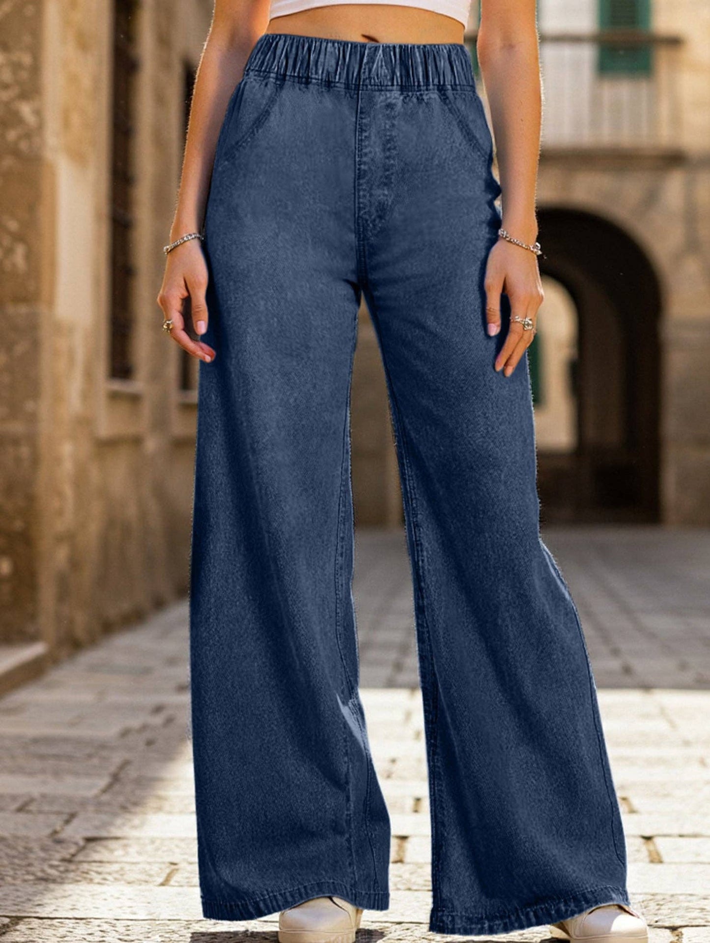 Wide-leg plus-size elastic waist jeans: DARKBLUE / (L) 1