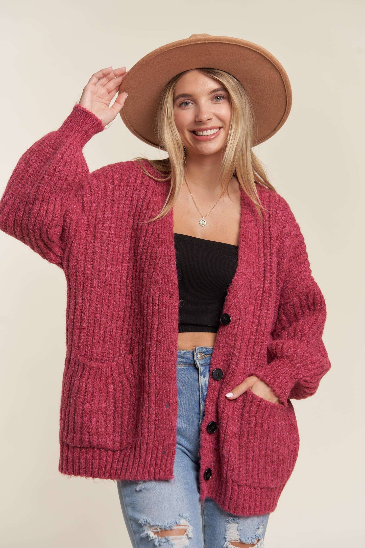 LESW3441A -  BUTTON DOWN COZY SWEATER CARDIGAN: HOT PINK / M/L