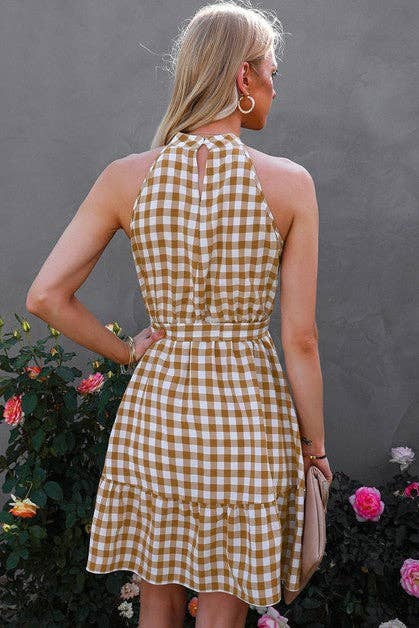 Plaid Key Hole Back Halter Sleeveless Dress: KHAKI / S