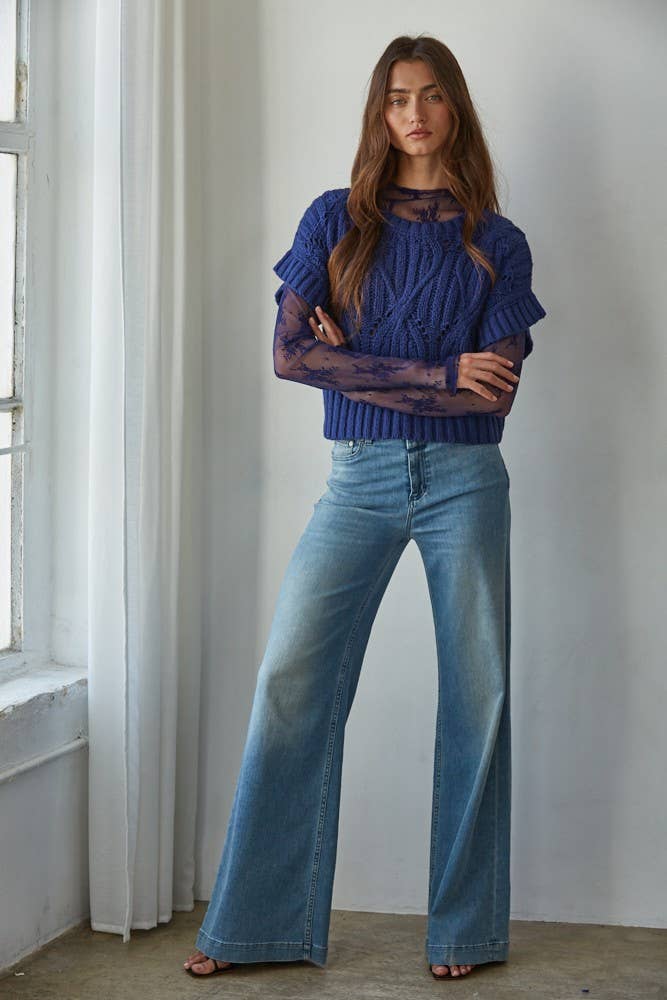 W1124 | Knit Sweater Crochet Round Neck Short Sleeve Top: Olive / Medium