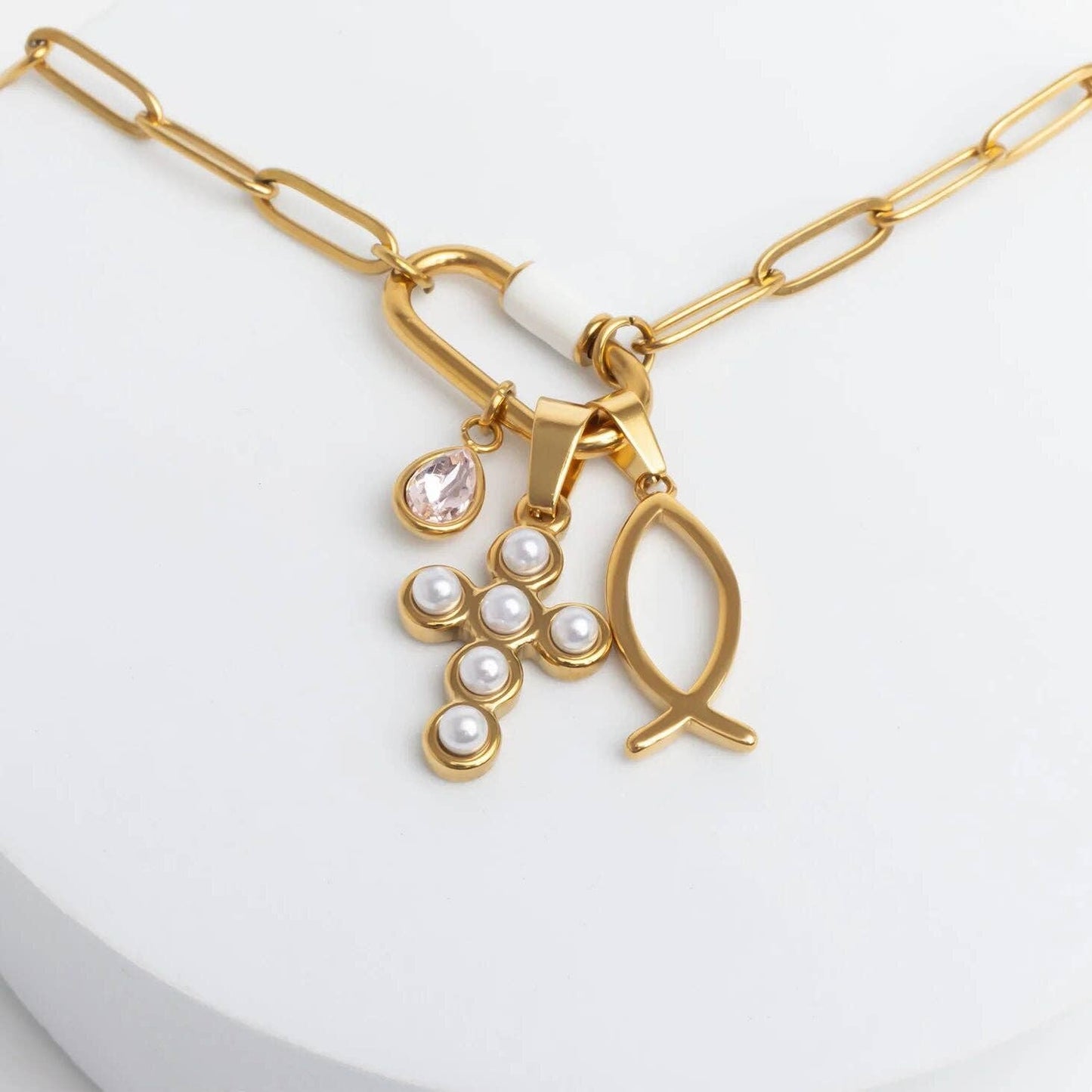 18K Gold PVD Stainless Steel Pearl Cross Charm: Gold