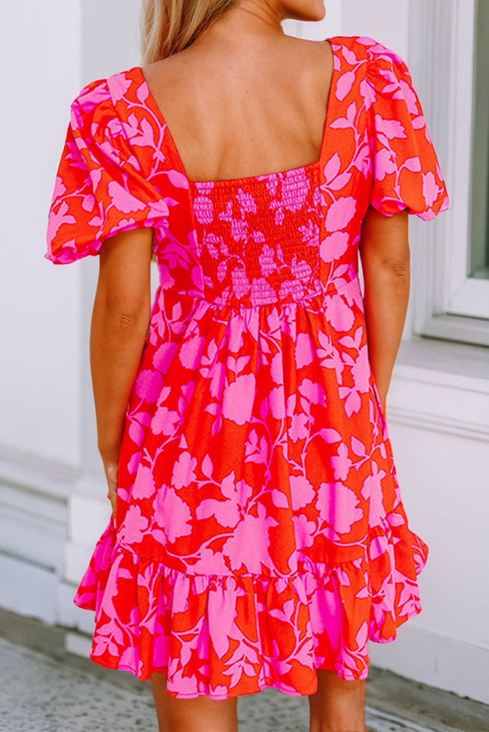 LDC Floral Bubble Sleeve Sweetheart Neck Ruffled Mini Dress: Red / S