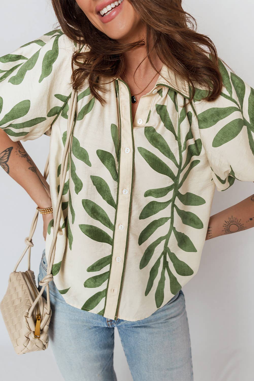 Green Leaf Print Short Balloon Sleeve Shirt | S-XL: Green / S