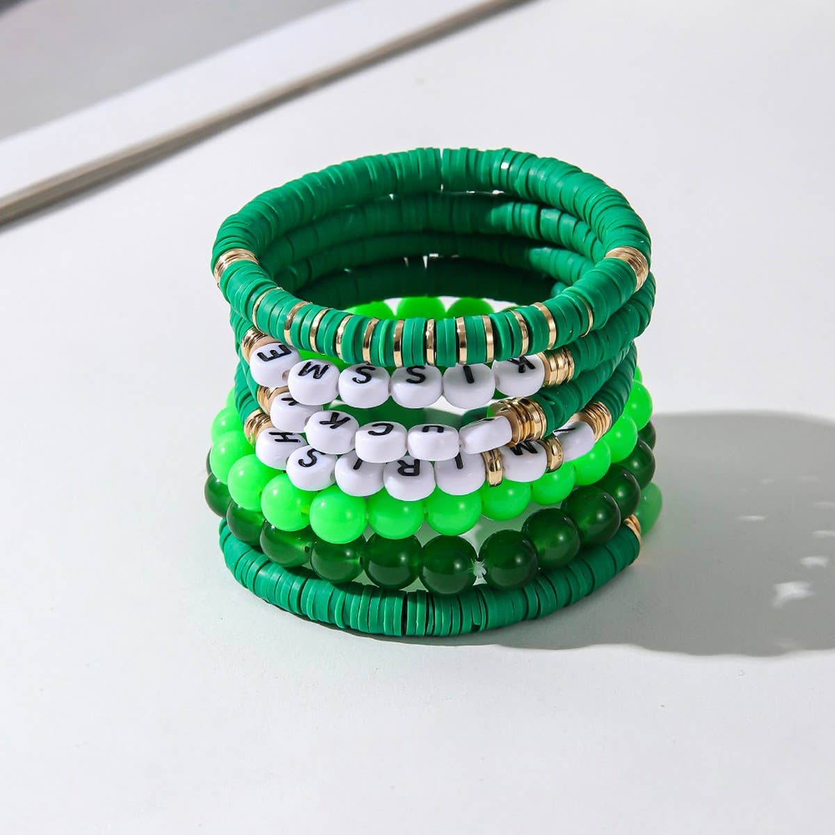 ST PATRICKS DAY GREEN SMILEY FACE BRACELET SET_CWMM3501: Green / OS