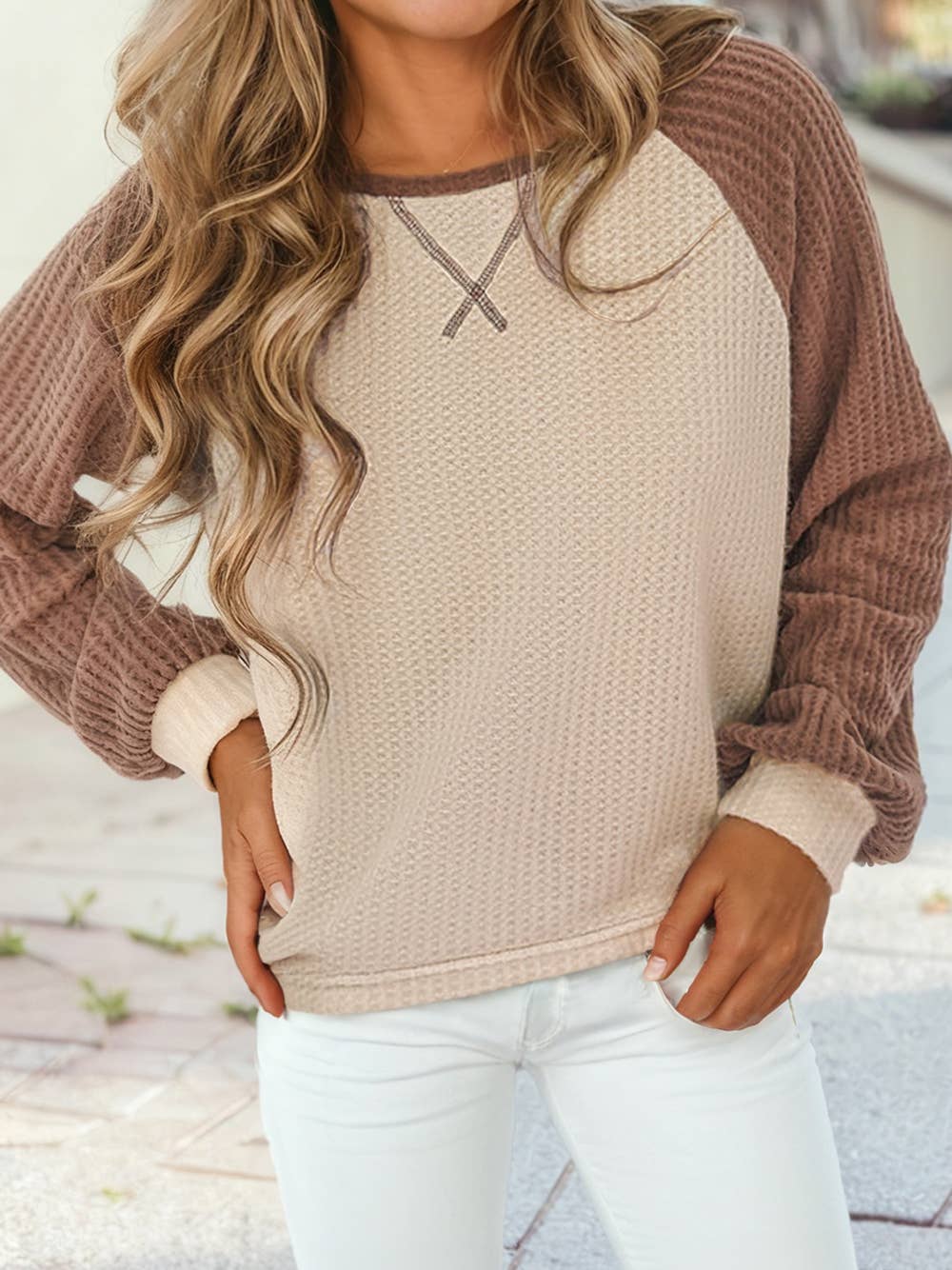 Waffle Color Block Raglan Sleeve Top: Mist Green / Plus-1X