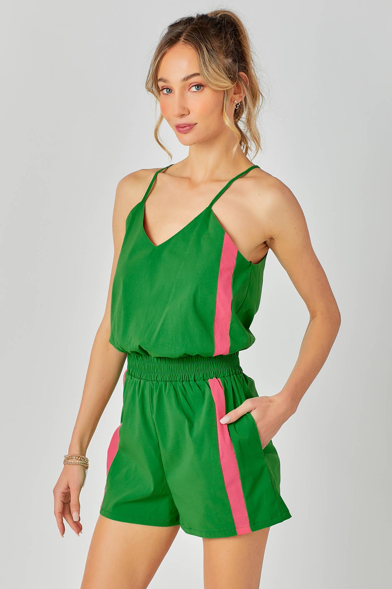 Side Striped Track Romper: GREEN/PINK / M