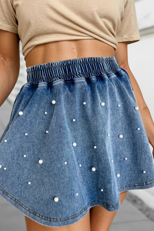 Pearl Embellished Elastic Waist Denim  Mini Skort | S-XL : Ashleigh Blue / 6