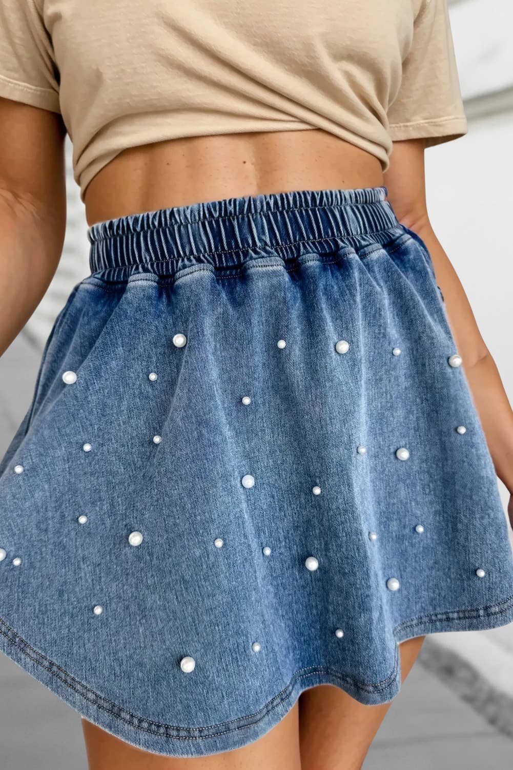 Pearl Embellished Elastic Waist Denim  Mini Skort | S-XL : Ashleigh Blue / 4
