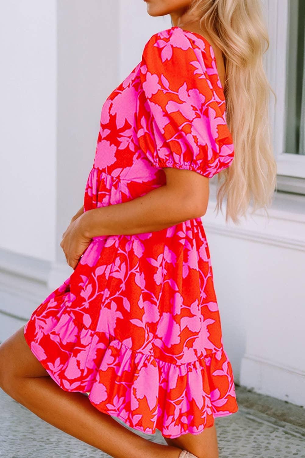 LDC Floral Bubble Sleeve Sweetheart Neck Ruffled Mini Dress: Red / L