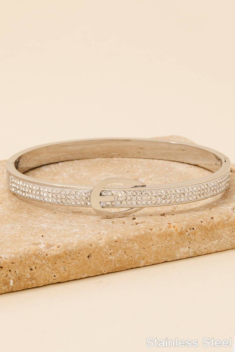 Stainless Steel Pave Belt Style Hinge Bangle Bracelet: G