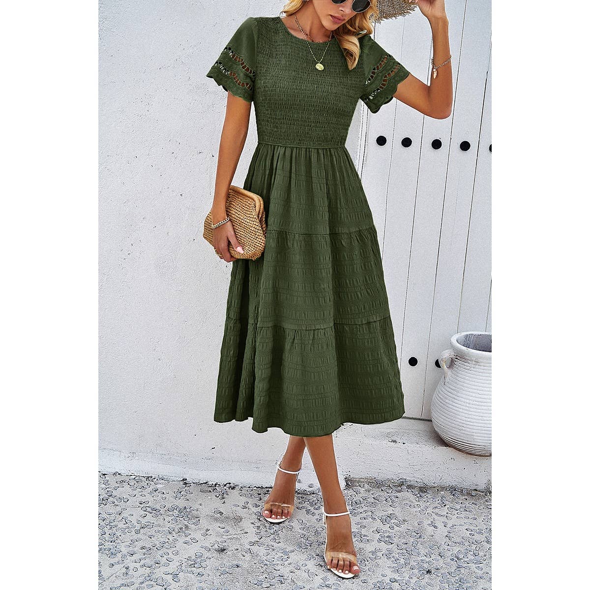 Lace Round Neck Ruched Fit Ruffle Solid Dress: WHITE / L