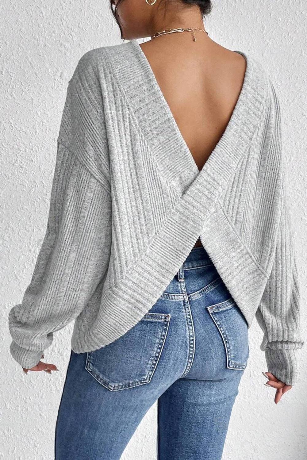 Textured Backless Long Sleeve Top: Light Grey / L