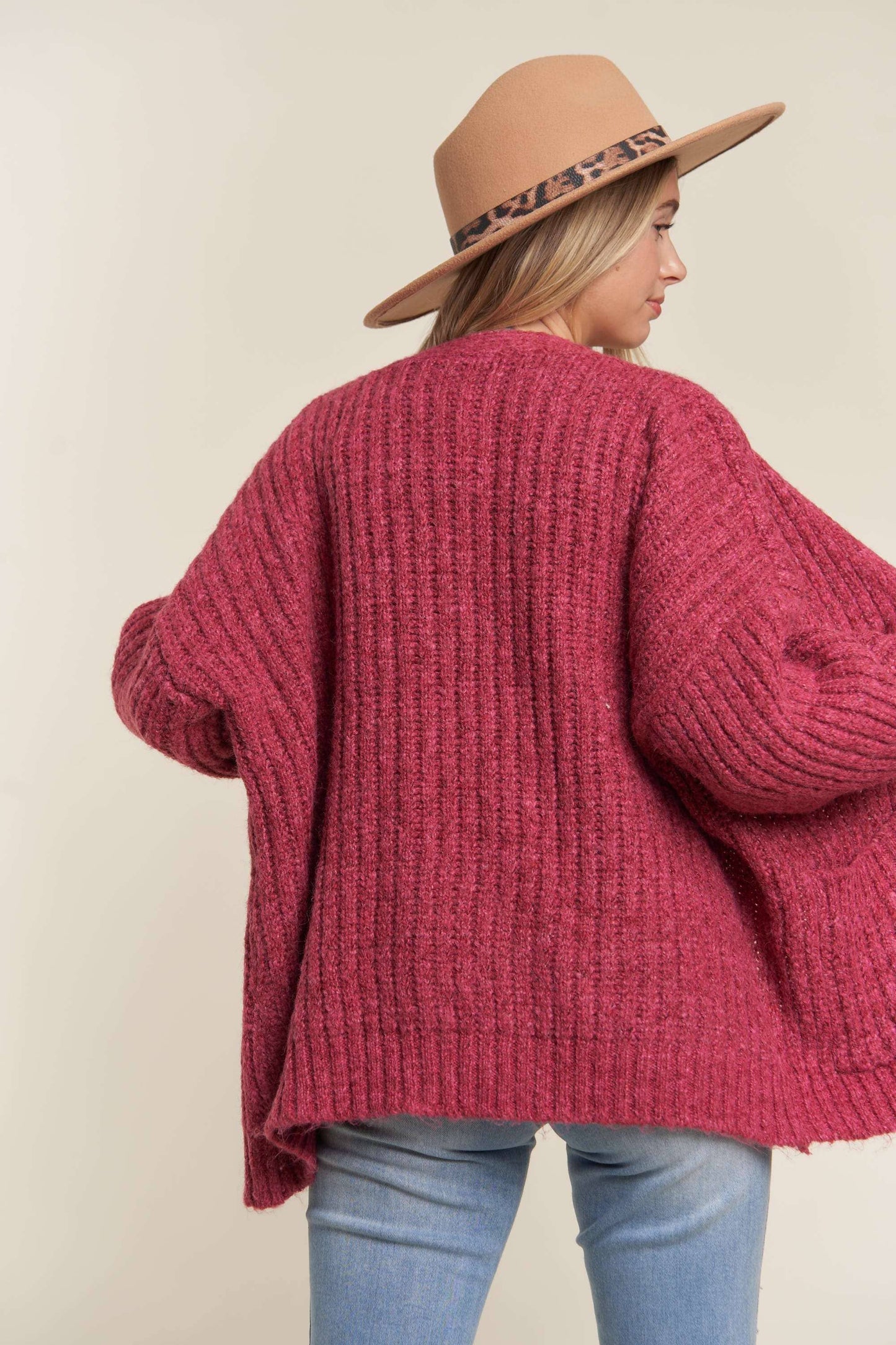 LESW3441A -  BUTTON DOWN COZY SWEATER CARDIGAN: HOT PINK / M/L