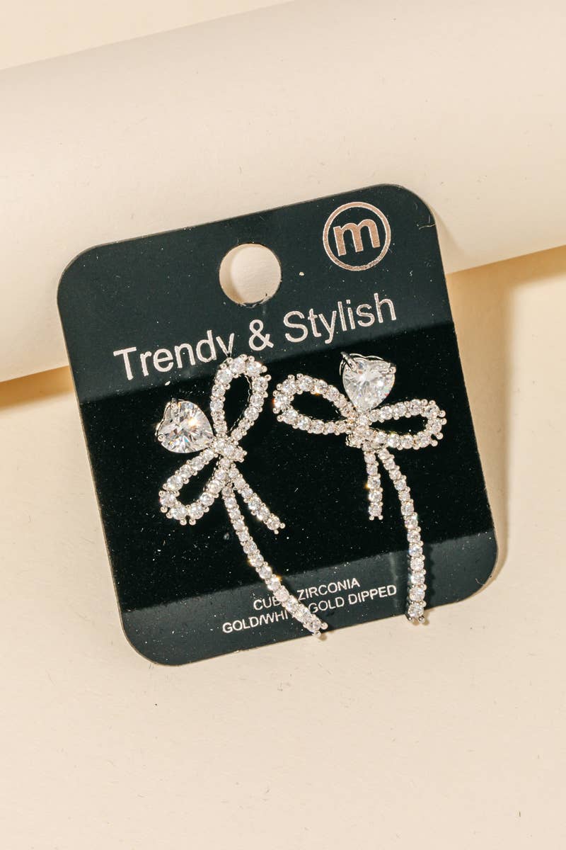 Cubic Zirconia Pave Ribbon Bow Stud Earrings: RH