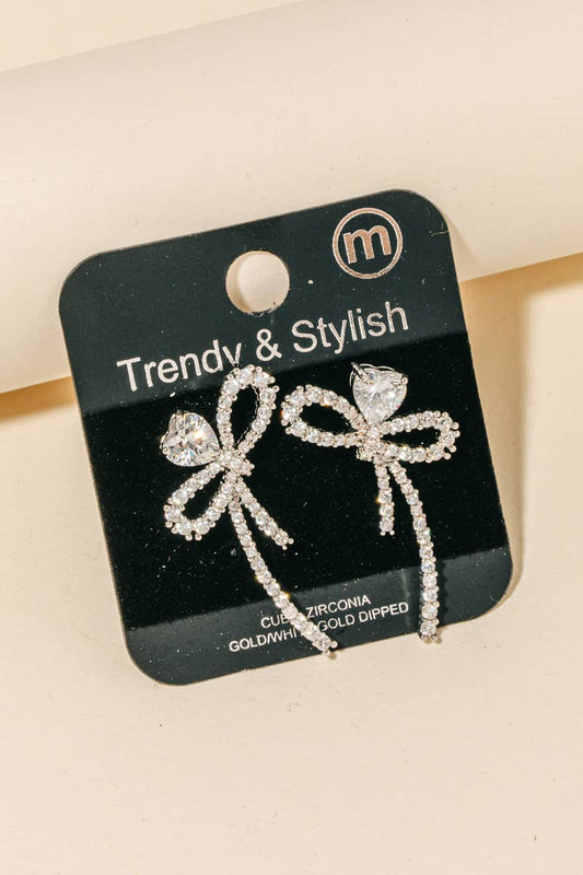 Cubic Zirconia Pave Ribbon Bow Stud Earrings: RH