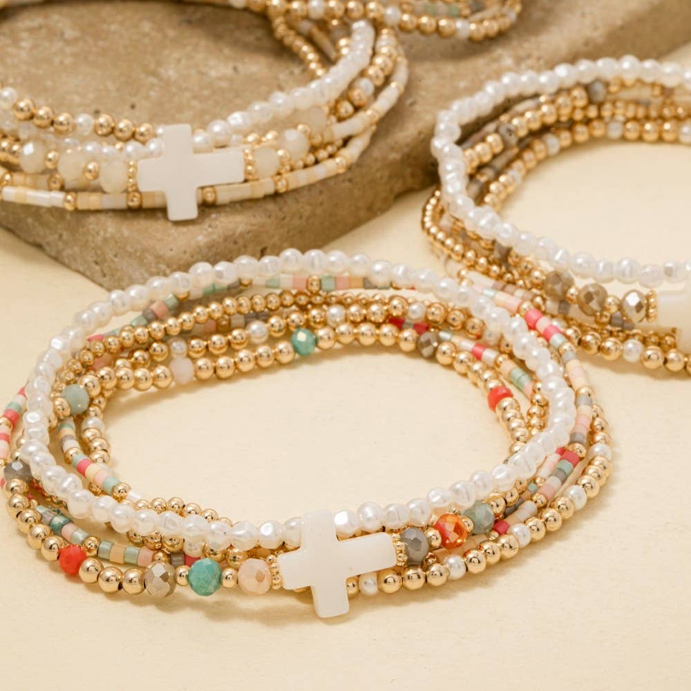 Sea Shell Cross Charm Mixed Mini Beaded Bracelet Set: MINT