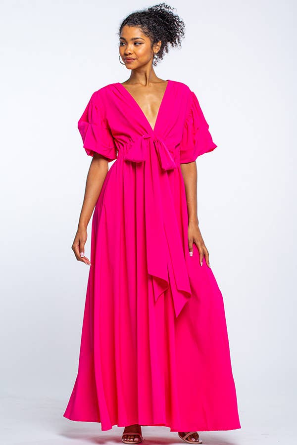 V NECK MAXI DRESS WITH PUFF SLEEVES: Green