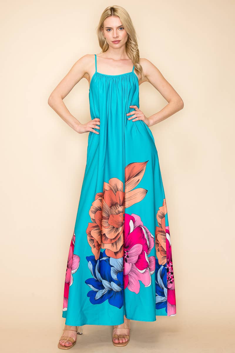 PRINTED MAXI SUN DRESS WITH POCKETS: Orange
