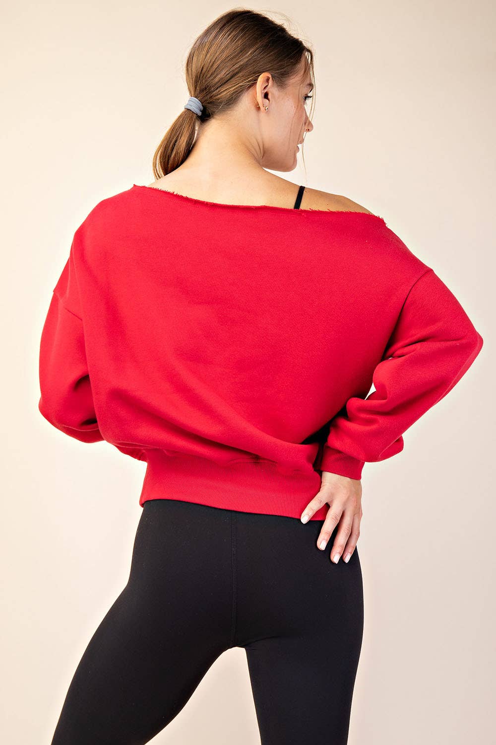 FRENCH TERRY FLEECE OFF SHOULDER SWEATSHIRT: Eucalyptus / S-M-L(2-2-2)