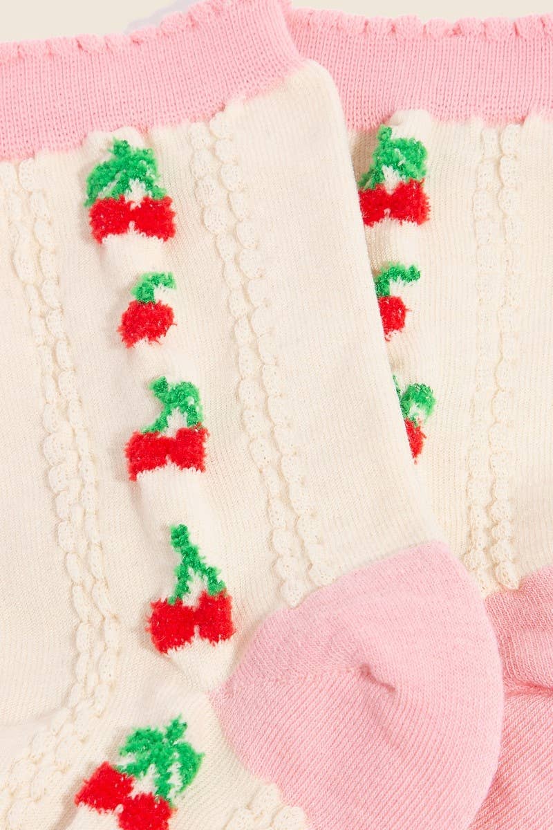 Pink Accent Cherry Embroidered Beige Socks: Beige