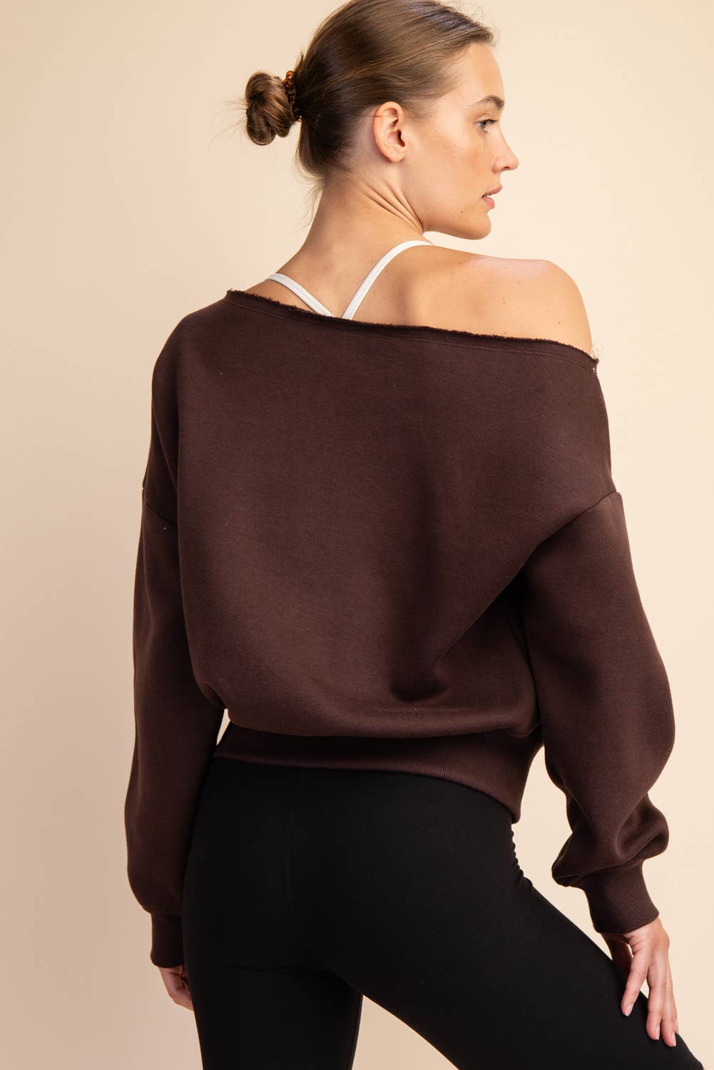 FRENCH TERRY FLEECE OFF SHOULDER SWEATSHIRT: Eucalyptus / S-M-L(2-2-2)