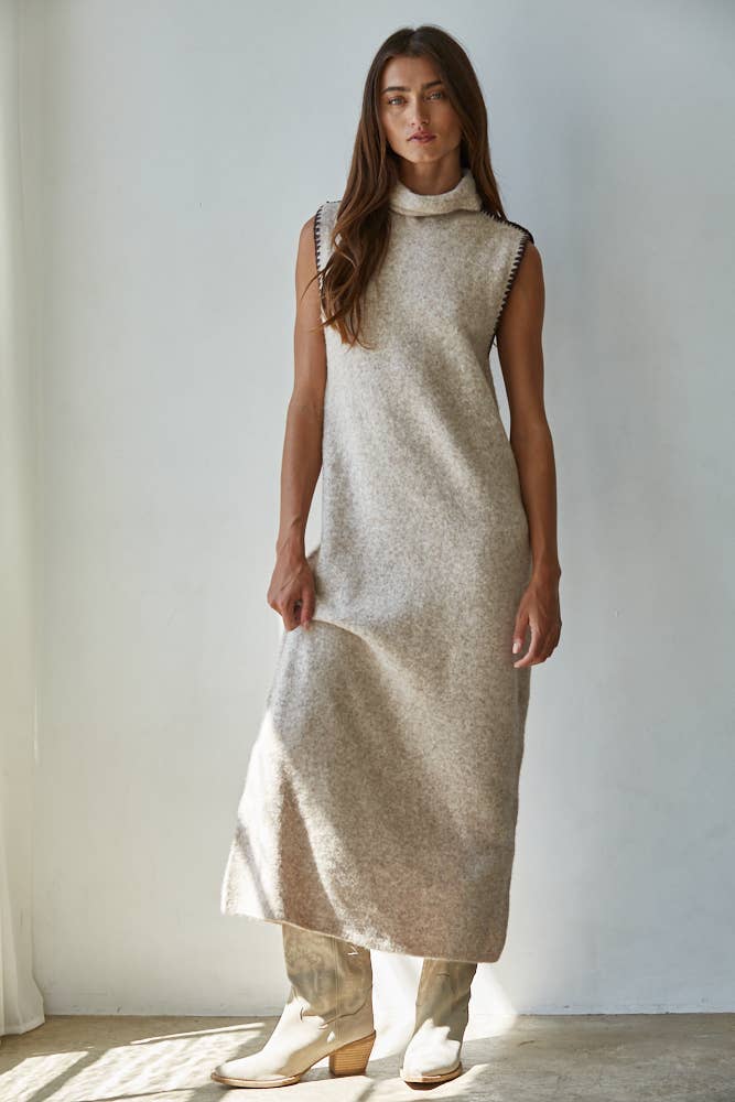 W2365 | Knit Sweater Turtle Neck Sleeveless Bodycon Maxi: Taupe / M