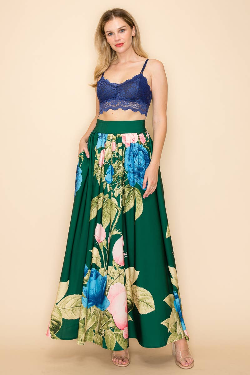 PRINTED MAXI SKIRT WITH POCKETS  : Green