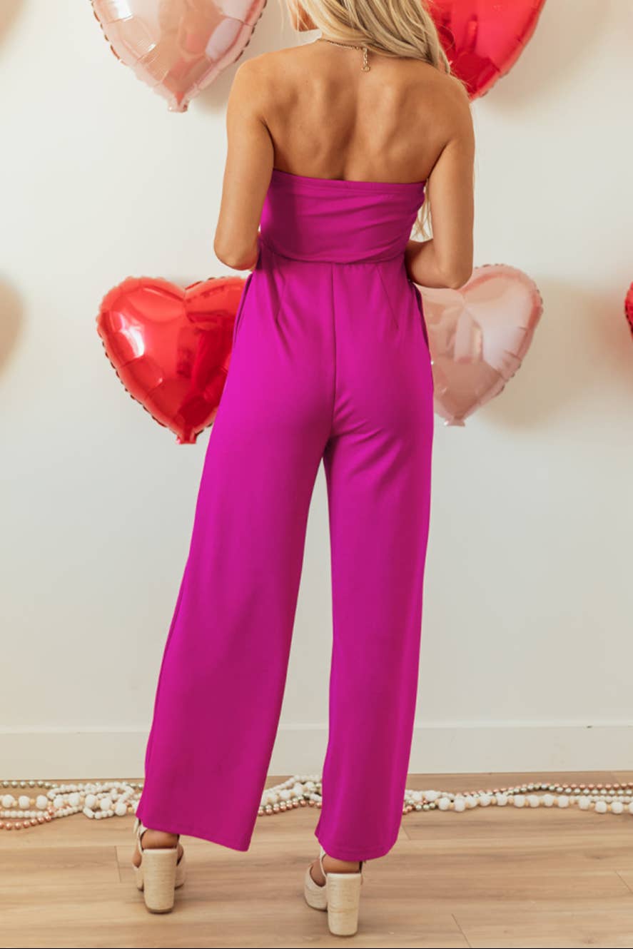 Bow Strapless Wide Leg Jumpsuit: Bright Pink / XL