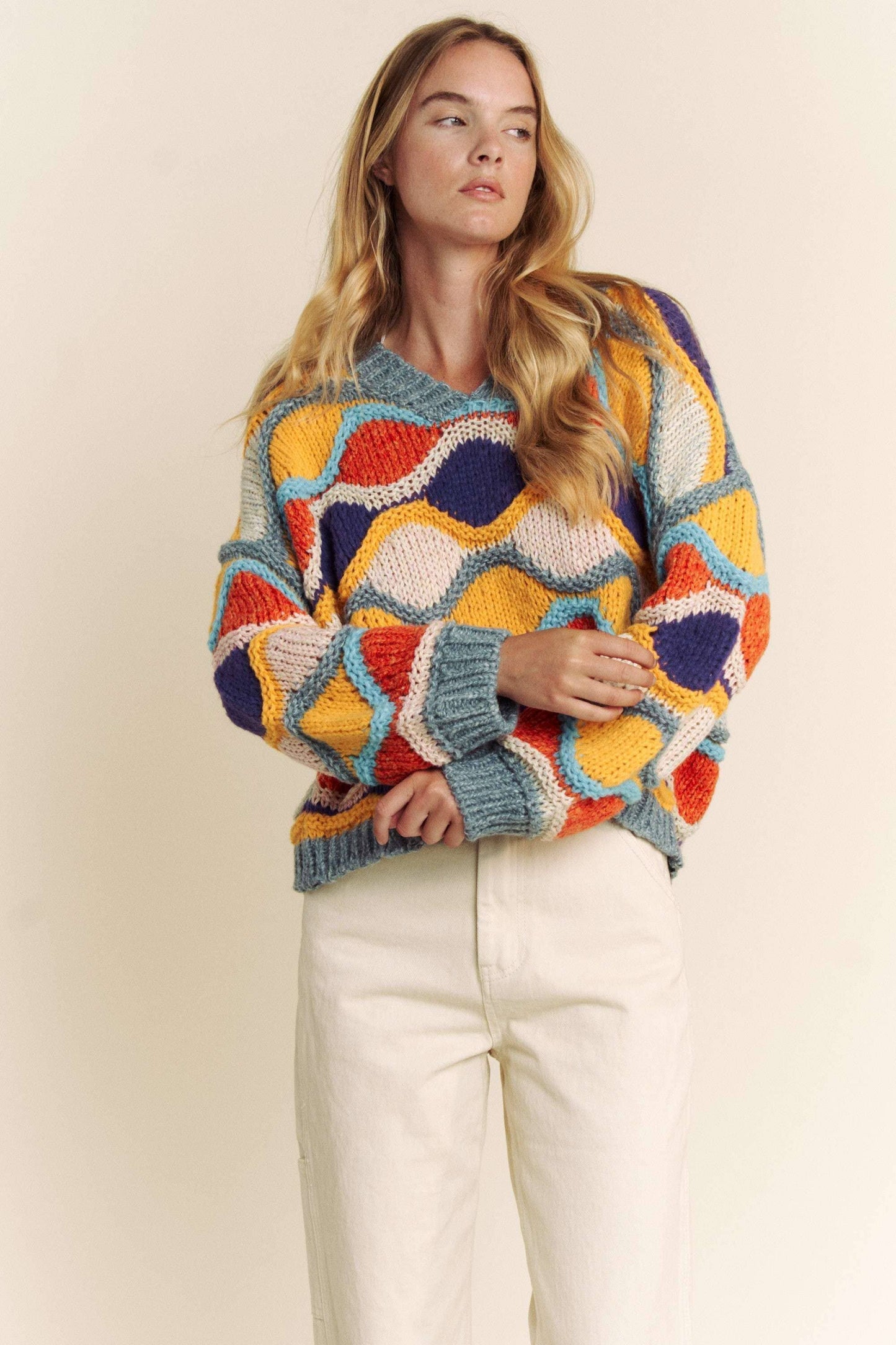 V NECK LONG SLEEVE MULTI COLOR SWEATER TOP: MULTI / S