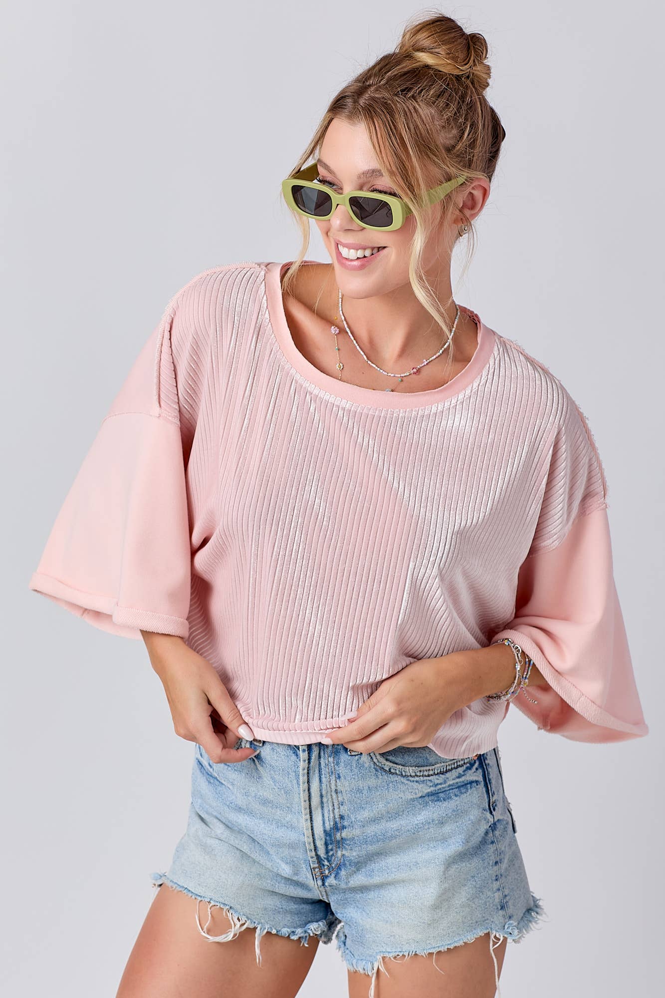 Mixed Fabric Round Neck Knit Top: IVORY / M