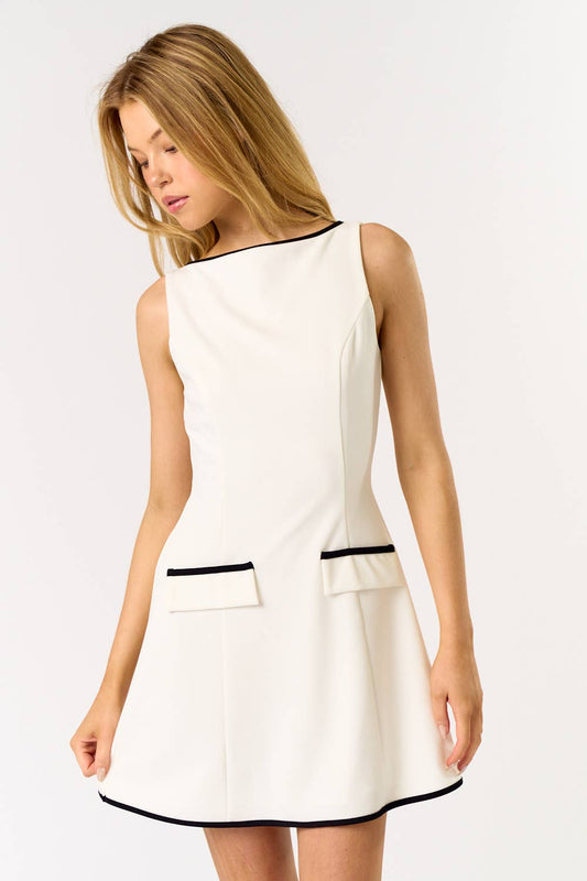 BD25294 SQUARE NECK CONTRAST MINI DRESS: OFF WHITE-BLACK / MEDIUM