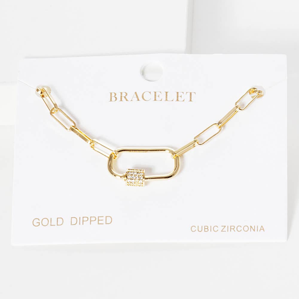 Gold Dipped CZ Carabiner Pointed Paperclip Chain Bracelet: Silver