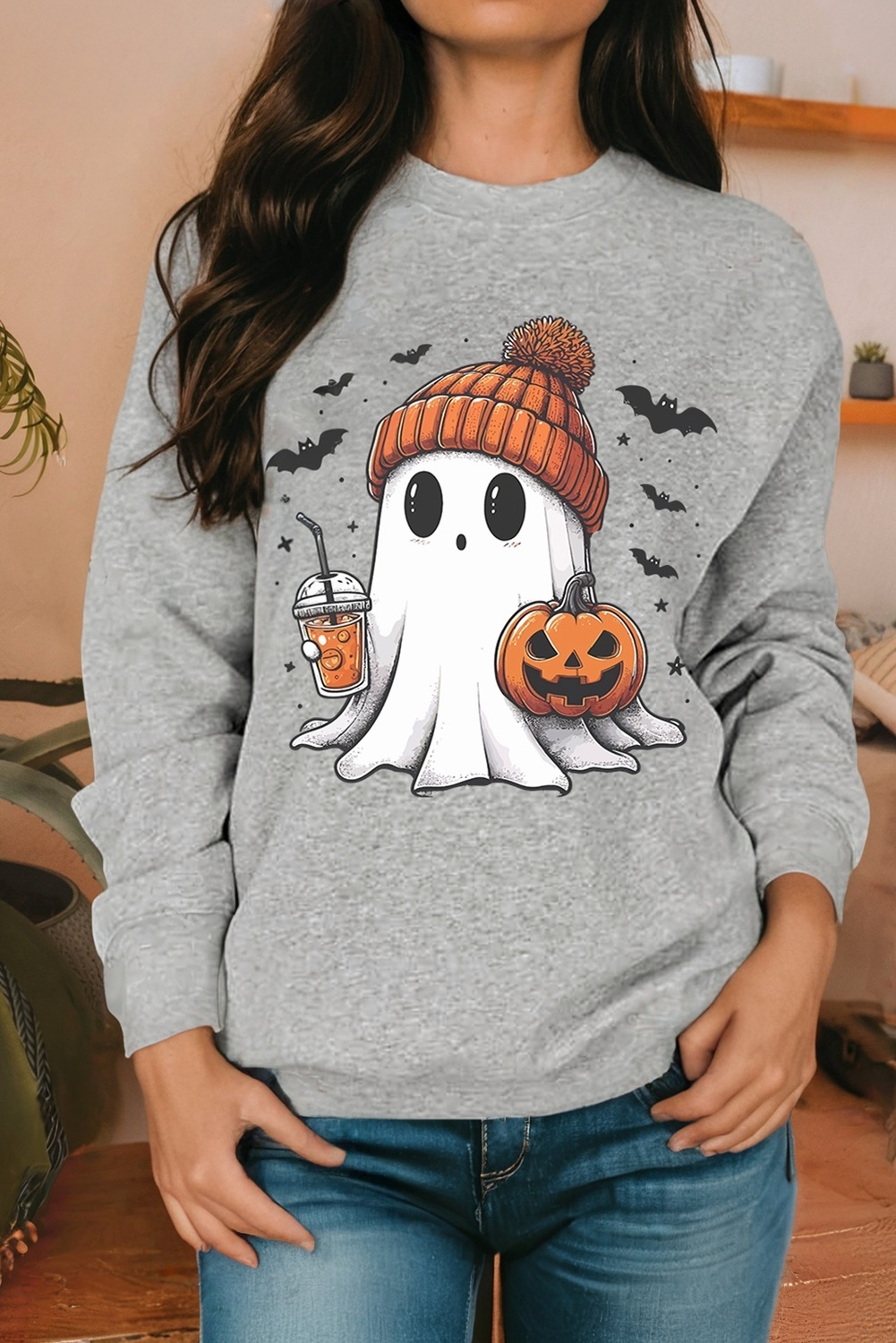 LDC Halloween Ghost Print Crewneck Drop Shoulder Sweatshirt: Gray / S