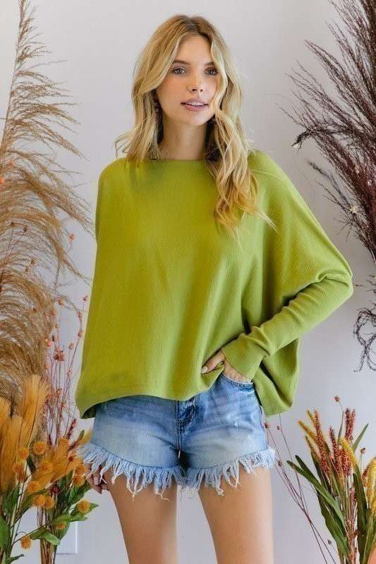 BOAT NECK TIGHT SLV BOX SWEATER TOP: PEAR / L