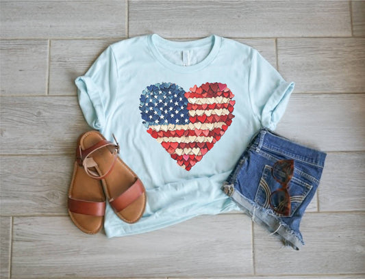 BLUE USA FLAG HEART PATRIOTIC 4TH OF JULY GRAPHIC TEE: XL