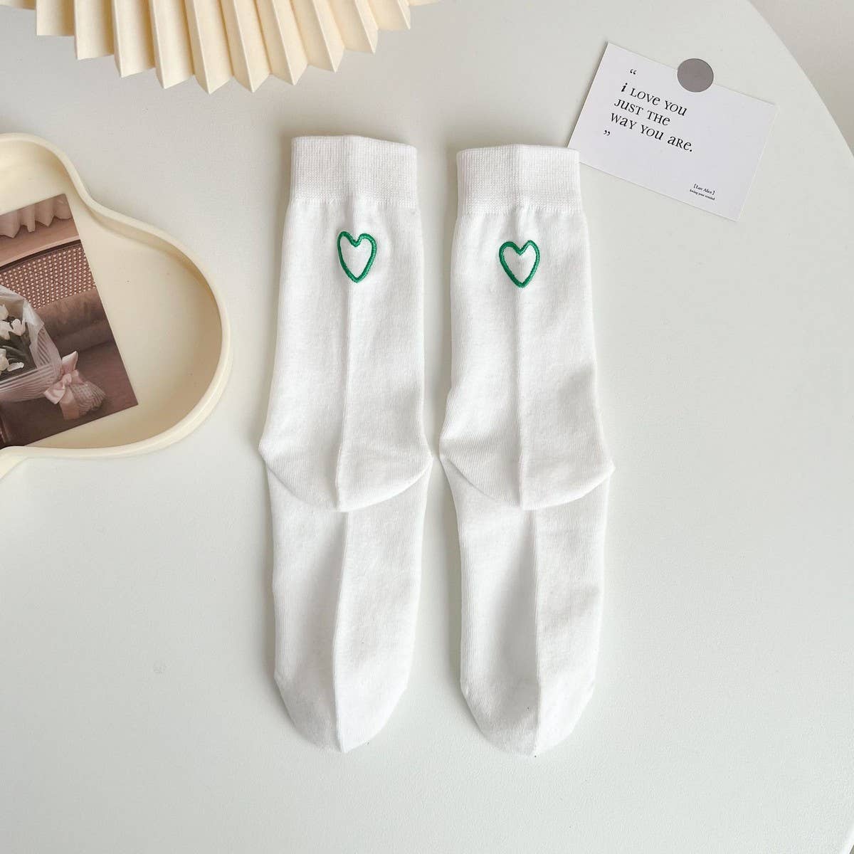NEW COTTON ALL MATCH EMBROIDERED LOVE HEART SOCKS_CWMS1414: GREEN2 / OS