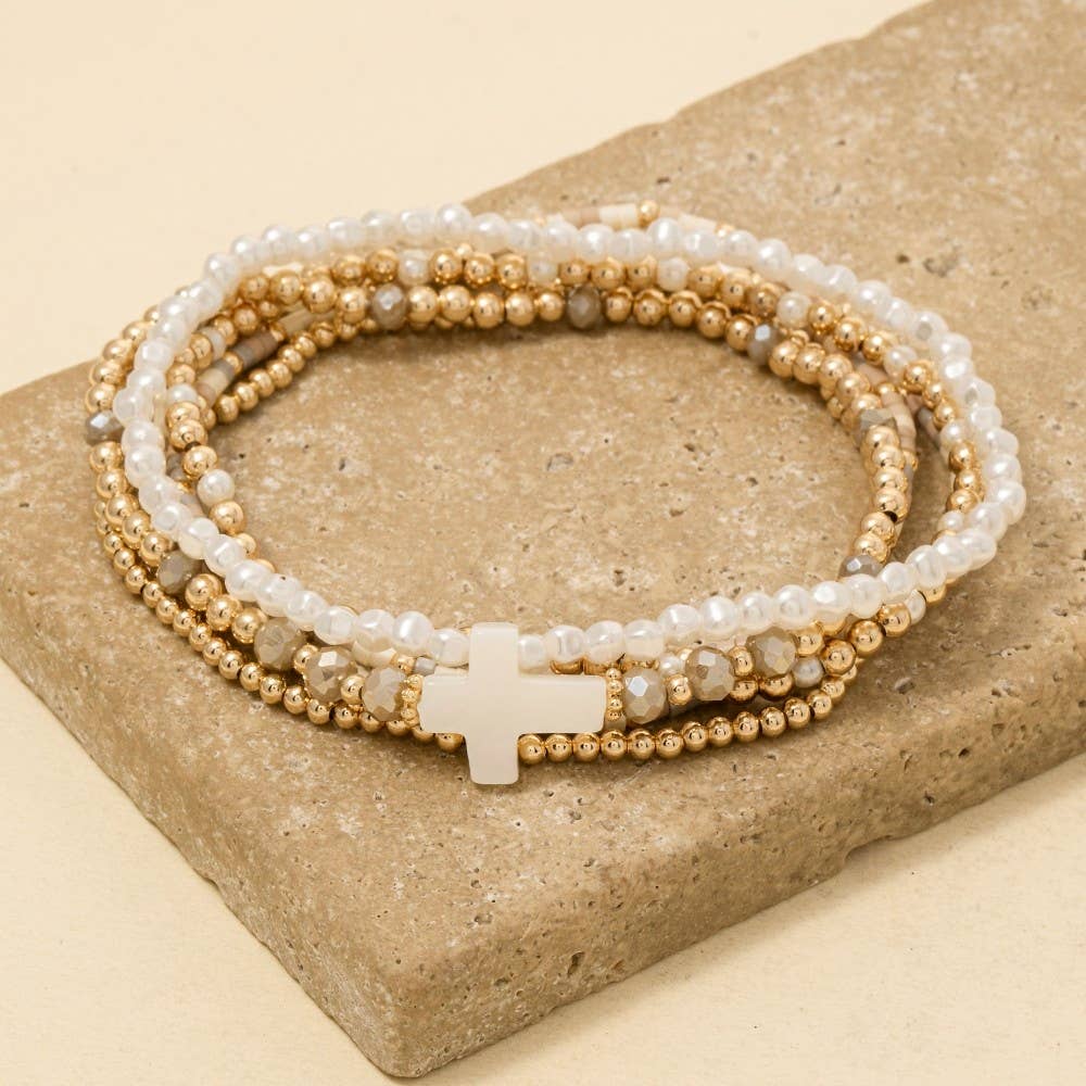 Sea Shell Cross Charm Mixed Mini Beaded Bracelet Set: MUL