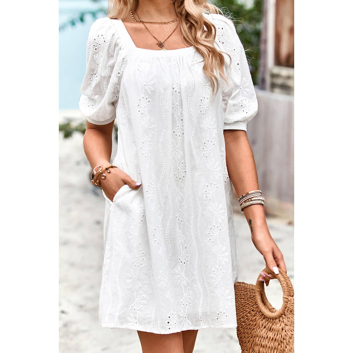 Square Neck Short Bubble Sleeve Babydoll Dress: WHITE / S