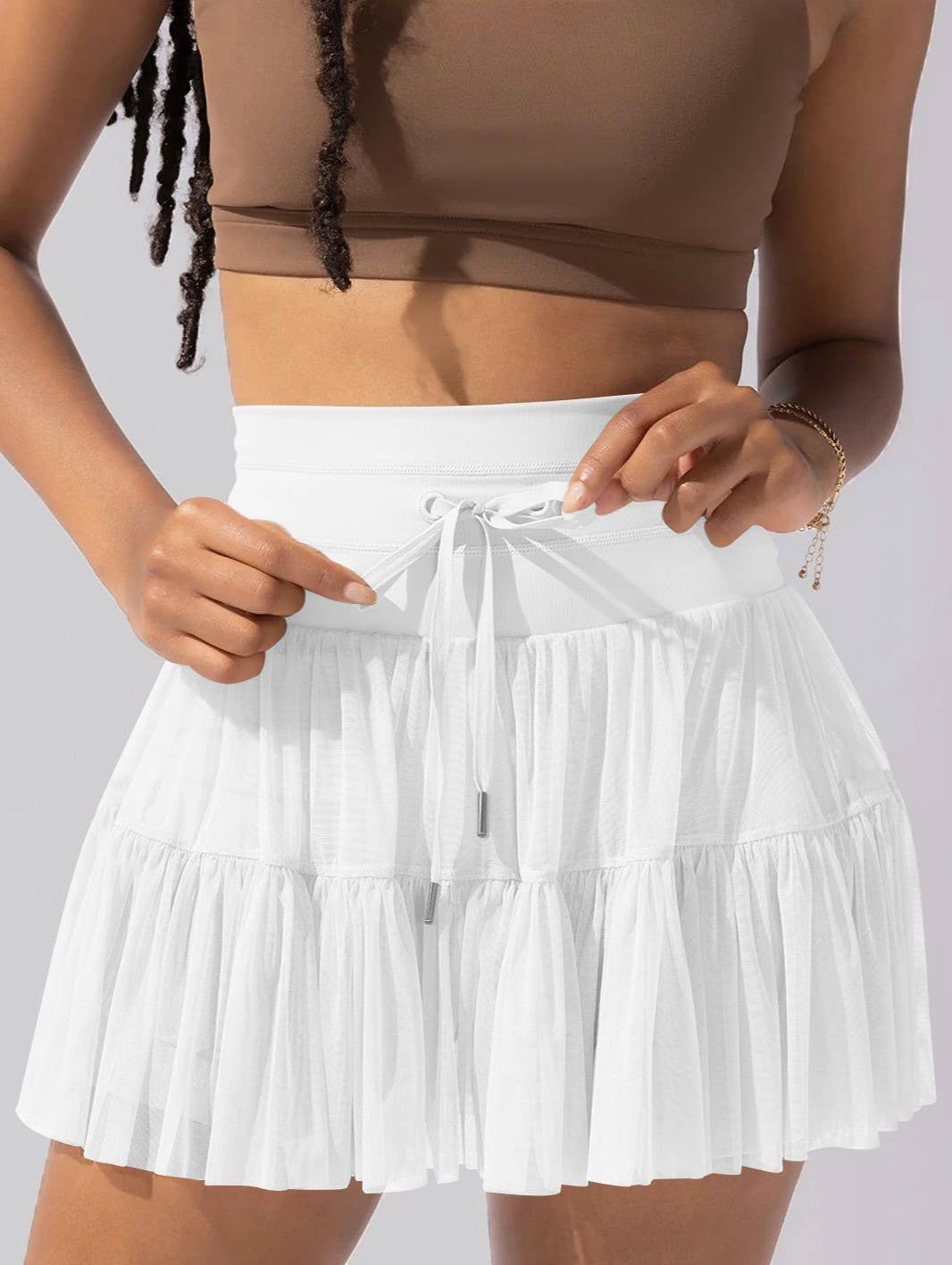 High-Waisted Lace-Up Panelled Pleated Skirt: Apricot / XL