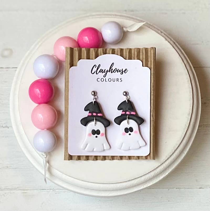 Pink Ghost & Pumpkin Earrings: Gold / Cowboy Pumpkin
