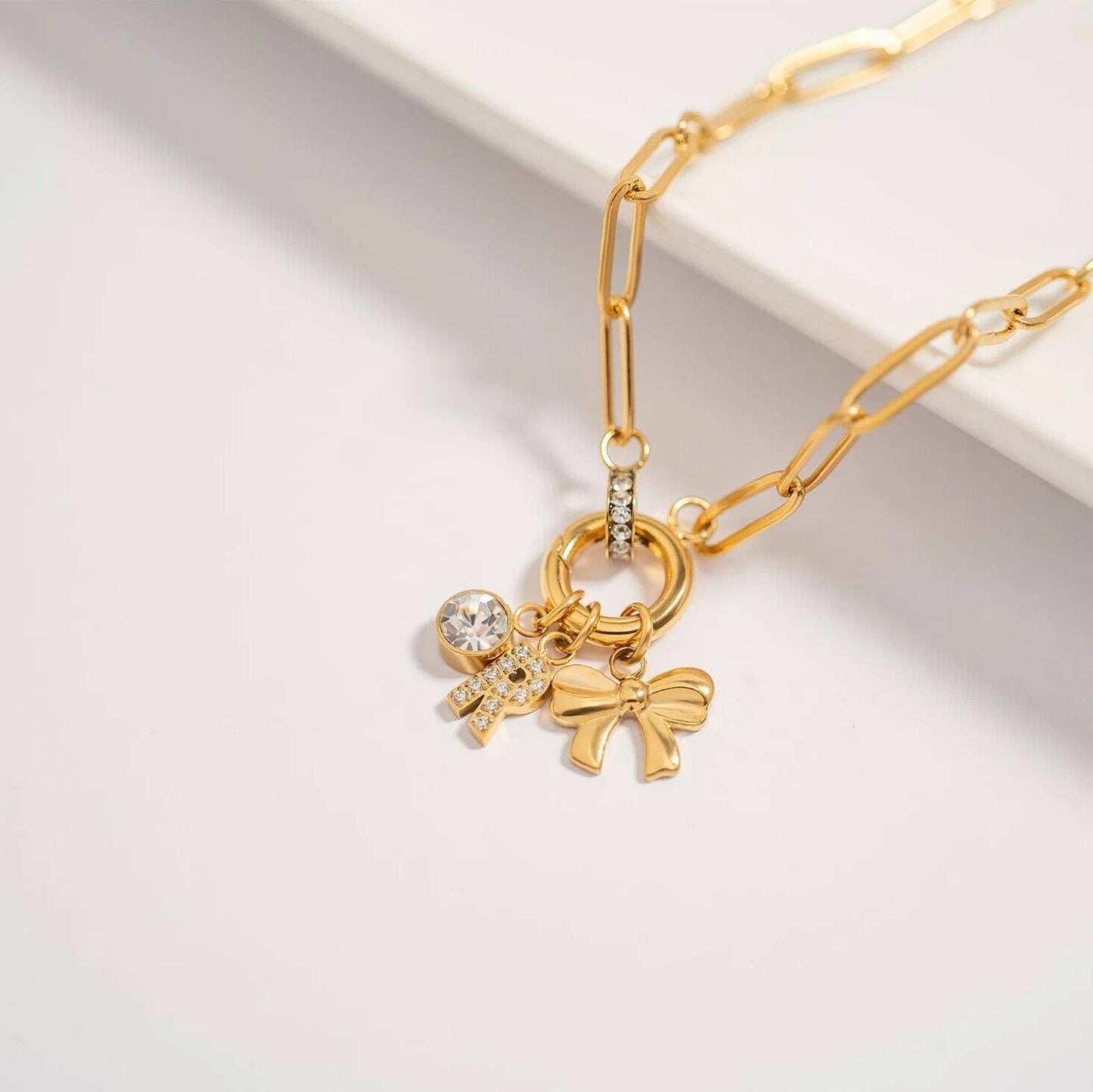 18K Gold PVD Stainless Steel Ribbon Bow Charm: Gold