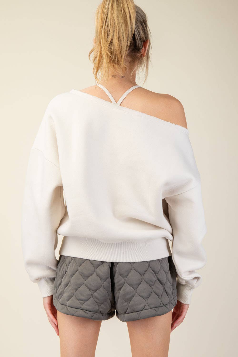 FRENCH TERRY FLEECE OFF SHOULDER SWEATSHIRT: Eucalyptus / S-M-L(2-2-2)