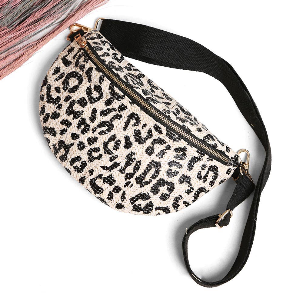 Leopard Pattern Embroidered Crossbody Belt Bag / Fanny Pack: Black