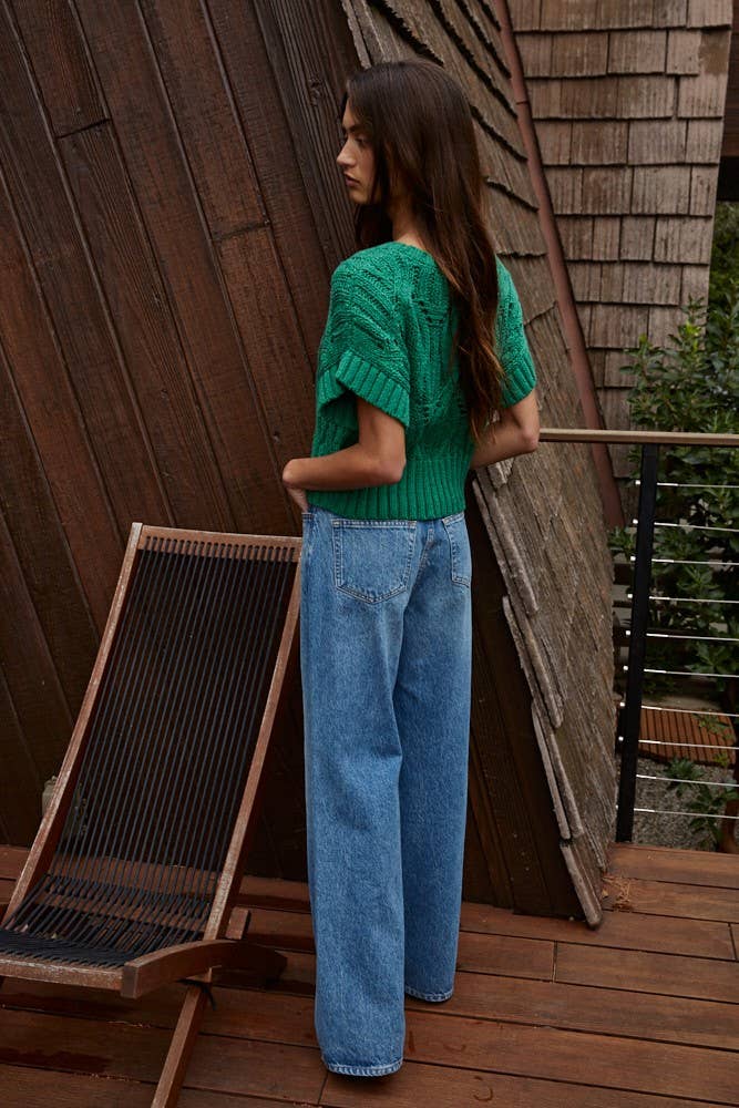 W1124 | Knit Sweater Crochet Round Neck Short Sleeve Top: Olive / Medium